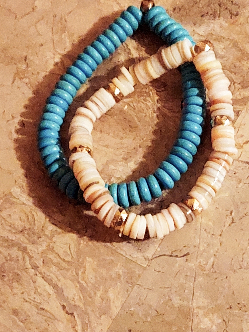 Turquoise and Cream Btoen Coral Beaded Stretch Bracelets Duo - Vintage